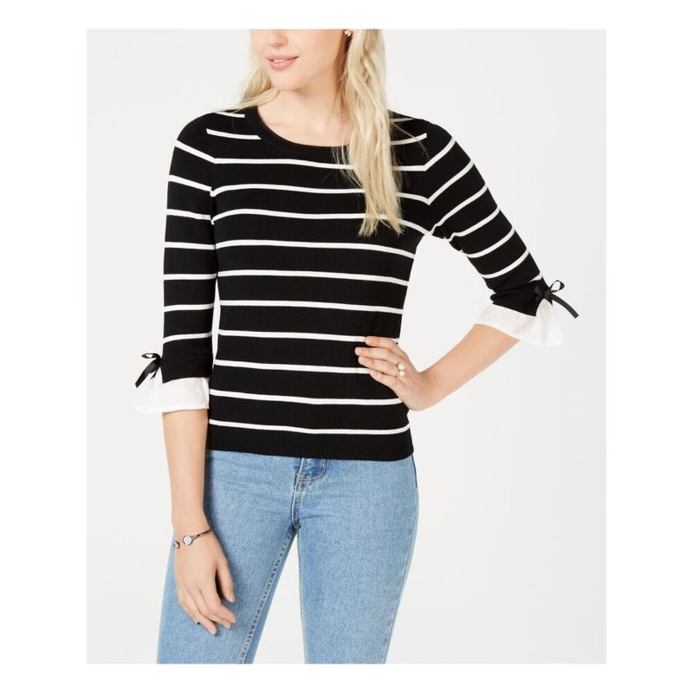 MAISON JULES Womens Black Tie Striped 3/4 Sleeve Jewel Neck Sweater Size: XS